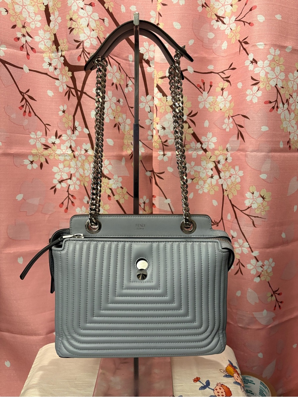 Fendi Small Quilted Nappa Leather DotCom Click Shoulder Bag Grey SHW